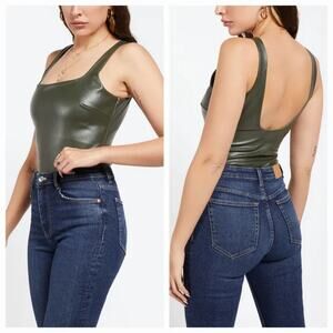 4SI3NNAI Green Sleeveless Faux Leather Vegan Open Back Tank Bodysuit Top Size XS